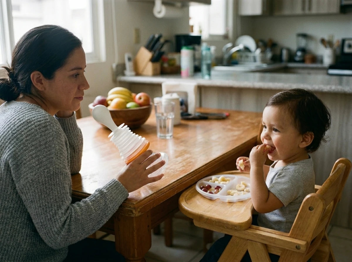 Mamá con su hijo comiendo en la mesa